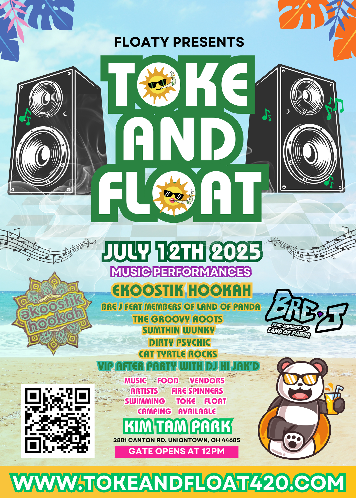 Toke and float 2025 music festival flyer with eKoostik Hookah and Bre J featuring members of Land of Panda and The Groovy Roots
